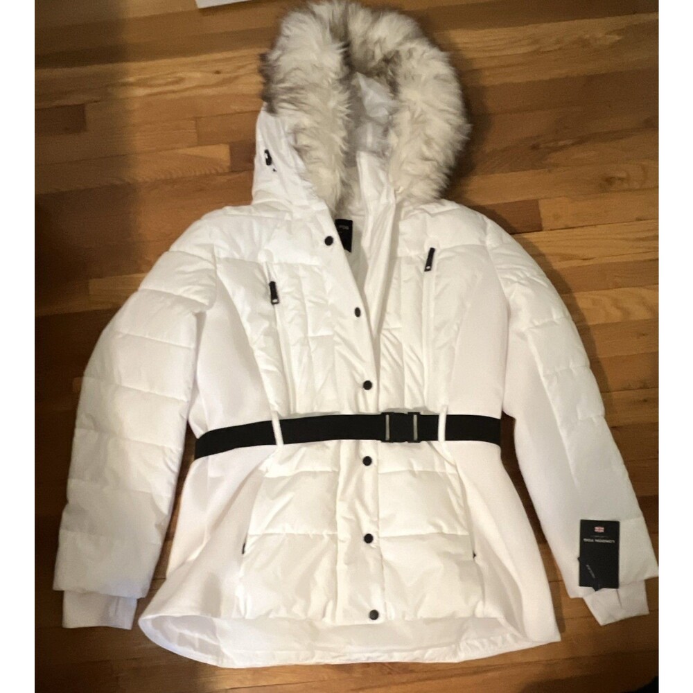 London Fog Women's XL White Puffer Jacket Faux Fur Hood NWT - imperfections